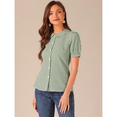 The gingham check pattern and full placket highlight the perfect short sleeve with the button-down of this soft and lightweight shirt. Made of lightweight woven, this versatile top is a summer staple that can be styled with just about anything. Puff sleeves add a bit of feminine touch, and add some flare to your everyday look. Pair it with pants or skirts and heels for an elegant work look. Gingham Short Sleeve Blouse For Work, Short Sleeve Gingham Blouse For Work, Plaid Button-up Short Sleeve Shirt, Plaid Short Sleeve Button-up Shirt, Spring Plaid Short Sleeve Shirt, Plaid Short Sleeve Blouse For Work, Plaid Short Sleeve Preppy Tops, Preppy Short Sleeve Plaid Tops, Preppy Plaid Collared Shirt