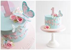 there is a cake decorated with butterflies and flowers on the top one has a first birthday candle