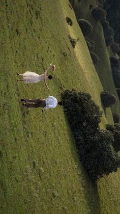 two people standing in the middle of a grassy field