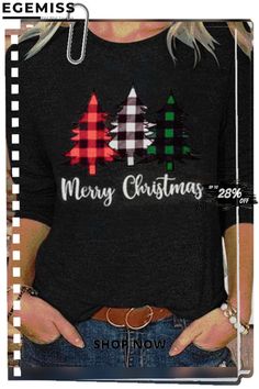 Crew Neck Christmas Casual T-shirt Halloween Long Sleeve, Buy Tshirts, Deep Gray, Christmas Fashion, Casual T Shirt, Neck Pattern, Shoulder Length, Christmas Shopping, Casual T Shirts