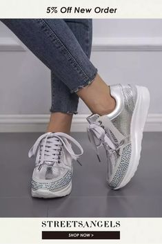 Women Rhinestone Decor Lace-up Platform Sneakers Silver Low-top Sneakers With Bling, Silver Bling Low-top Sneakers, Silver Rhinestone Sneakers With Round Toe, Casual Bling Lace-up Sneakers, Silver Rhinestone Low-top Sneakers, Casual Silver Sneakers With Rhinestones, Silver High-top Sneakers With Rhinestones, Womens Wedge Sneakers, Casual Shoes Women Sneakers