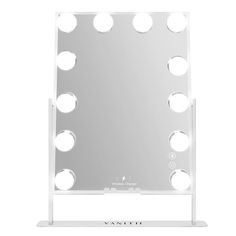 an illuminated vanity mirror with lights on it