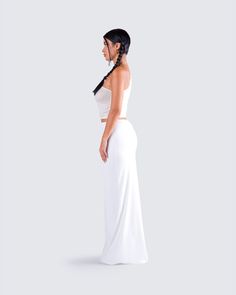 A clean, elegant, and classy look for you to own the night in 🤍 Featuring an ivory one shoulder top, paired with a white jersey maxi skirt - this two-piece set is giving "expensive, and untouchable" 💅 Chic White One-shoulder Dress For Prom, Chic White One Shoulder Prom Dress, Chic White One-shoulder Prom Dress, White Sleeveless Evening Sets, White One Shoulder Maxi Dress For Formal Events, White One Shoulder Maxi Dress For Formal Occasions, White Off-shoulder Maxi Dress For Night Out, White One Shoulder Top For Night Out, White Maxi Skirt For Summer Night Out