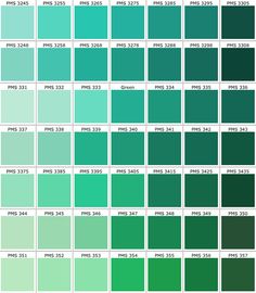 the pantone color chart for green is shown in shades of teal and blue