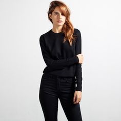 The Cashmere Crew Black – Everlane $120 Classic Stretch Cashmere Tops, Chic Solid Cashmere Tops, Chic Cashmere Tops In Solid Color, Classic Fitted Sweater For Layering, Everyday Fine Knit Cashmere Tops, Cashmere Tops With Fine Knit And Relaxed Fit, Stretch Cashmere Tops With Ribbed Cuffs, Fitted Cashmere Tops For Fall, Elegant Cashmere Stretch Top