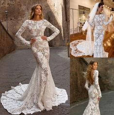 wedding dresses with long sleeves and laces on the bottom, in different styles and colors