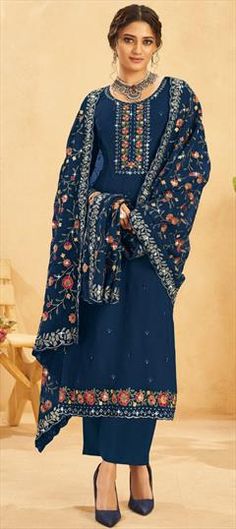 Blue color Salwar Kameez in Organza Silk fabric with Embroidered, Resham, Sequence, Thread work Blue Unstitched Suit With Chikankari Embroidery For Reception, Blue Chikankari Embroidery Unstitched Suit For Reception, Semi-stitched Blue Salwar Kameez With Intricate Embroidery, Blue Embroidered Unstitched Suit For Reception, Blue Unstitched Suit With Intricate Embroidery For Reception, Blue Bollywood Churidar With Intricate Embroidery, Blue Unstitched Suit For Reception With Traditional Drape, Bollywood Blue Churidar With Intricate Embroidery, Bollywood Blue Embroidered Churidar