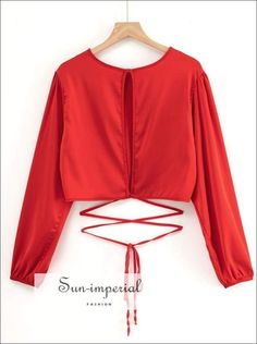 Women Red Satin Long Sleeve Tie Waist Crop top with Cut out detail Satin Pattern, Table S, Autumn Clothing, Satin Long Sleeve, Blouse Price, Weekend Outfit, Red Satin, Crop Blouse, Tie Top