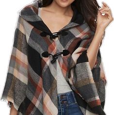 Chic Shawl Cape For Fall, Casual Fall Outerwear With Scarf, Chic Cape Shawl For Fall, Chic Fall Cape Shawl, Fall Outerwear Shawl With Scarf, Chic Winter Shawl Poncho, Chic Winter Shawl Cape, Chic Batwing Sleeve Poncho For Fall, Chic Fall Poncho Cape