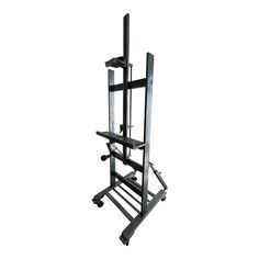 a tall metal rack with wheels on it