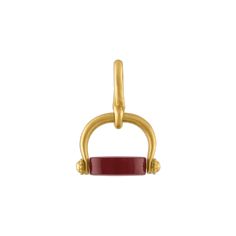 a gold pendant with a red stone hanging from it's back end, on a white background