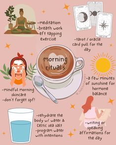 my favorite morning rituals to set myself up for a high vibe day ✨🦋🧚🏻‍♀️🌞 On a good day when my energy is at 110% I aim to do all of these….. but in reality most days I only do a few 😅 My non-negociables are hydrating, meditating for at least 5 minutes, and putting on my morning skincare mindfully which low key doubles as a short meditation for me as well. I recommend picking your favorite 2 and building up your ideal morning routine from there ✨🌞 no two days look alike, so I wouldn’t pu... Morning Witch Ritual, High Vibe Morning Routine, Tea Ritual Morning Routines, Morning Routine Reset, Witchy Morning Routine, Witchy Morning, Morning Ritual Ideas, Spiritual Morning Routine, Routine Building