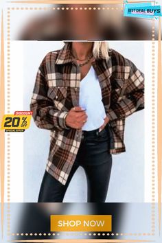 Women's Long-sleeved Plaid Print Mid-length Shirt Jacket Casual Single Breasted Tops For Fall, Casual Single-breasted Top For Fall, Trendy Relaxed Fit Long Sleeve Shacket, Oversized Brown Long Sleeve Shacket, Brown Winter Top With Lapel Collar, Brown Lapel Collar Top For Winter, Fall Single Breasted Collared Tops, Fall Single-breasted Collared Tops, Plaid Long Sleeve Outerwear For Fall