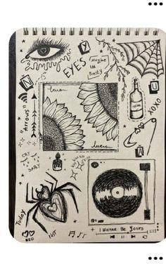 a notebook with drawings on it and an image of a spider, sunflowers, eye