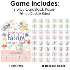 the game includes fairy cardstock paper and printed double - sided stickers for each card