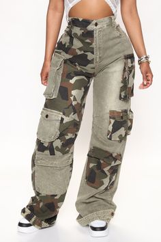 Available In Olive/combo. Cargo Pant Mid Rise Button Zipper Closure Colorblock Camo Print Wide Leg Pockets Ankle Strap Detail Stretch Disclaimer: Print Placement Will Vary 32" Inseam Self: 97% Cotton 3% Spandex Imported | Upgrade You Wide Leg Cargo Pant 31 in Olive Green size XL by Fashion Nova High Waisted Cargo Pants, 70 Fashion, Denim Cargo Pants, Jordan Outfits, Purple Pants, Denim Joggers, Fashion Nova Jeans, Cargo Pant, Cargo Jeans