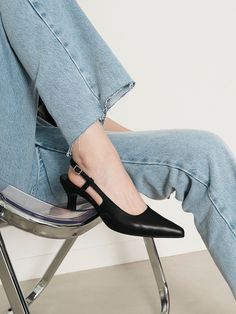 Editor's NotesRareness' shoes are designed for comfortable and elevated essential styles.- Slingback heeled pumps- Adjustable buckle strap- Kitten heel- Glossy leather texture- Slim pointed toe- Minimal and chicMeasurements(in.)- Size:: KR 225MM(US 5.5) ~ KR 260MM(US 9)- Heel height: 2.4  in* Fits true sizeComposition & Care- UPPER:  Kip Skin Leather- LINING: Pigskin Leather- INSOLE: Kidskin Leather- Avoid direct heat and moisture- Professional cleaning is recommendedDesigner- by r Chic Leather Slingback Pumps With 4-inch Heel, Modern Heels With Buckle Closure And Pointed Toe, Leather High Heel Slingback Pumps For Work, Office Heels With Heel Strap And Open Heel, Sleek Leather Slingback Pumps With Heel Strap, Closed Toe Slingback Pumps With Buckle For Evening, Sleek Low Heel Heels With Buckle Closure, Modern Court Shoes With Ankle Strap, Modern Court Shoes With Ankle And Heel Strap