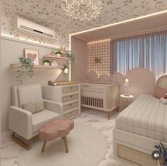 a baby's room is decorated in pink and white