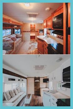 before and after photos of a mobile home kitchen, living room and dining area in an rv