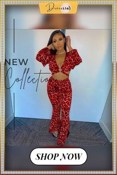 Sexy Leopard Print Long Sleeve V Neck Bandage Crop Top Long Pant Women Streetwear Two Piece Set Stretch V-neck Party Set, V-neck Stretch Party Sets, Stretch V-neck Crop Top For Club, Trendy V-neck Sets For Night Out, Bandage Crop Top, Neck Bandage, Pant Women, Crop Top Long, Women Streetwear