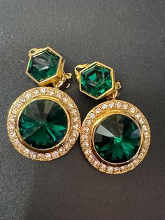 vintage oversized gold tone emerald green clear Rivoli and hexagon Swarovski crystal dangly earrings 1980s old shop stock I have recently acquired a huge haul .. these are genuine high end old shop stock in unused magnificent condition with genuine Swarovski crystal stones Old Shop, Crystal Stones, Dangly Earrings, Stones And Crystals, Emerald Green, Swarovski Crystal, Clip On Earrings, Halloween Shopping, Swarovski Crystals