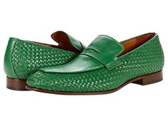 Massimo Matteo Ponte Vecchio Woven Penny - Men's Shoes : Light Green : The Massimo Matteo Ponte Vecchio Woven Penny is a leather dress shoe that will bring your professional wardrobe to life with a vibrant pop of color! Slip-on loafer features penny strap and closed, rounded toe. Leather lining, insole, and sole. Low stacked heel. Made in Italy. Measurements: Weight: 13 oz Product measurements were taken using size 9, width D - Medium. Please note that measurements may vary by size. Weight of fo Green Formal Slip-ons With Round Toe, Spring Wingtip Slip-ons With Leather Sole, Business Leather Shoes With Rubber Sole For Spring, Spring Wingtip Loafers With Leather Sole, Spring Green Leather Loafers, Green Leather Loafers For Spring, Semi-formal Spring Dress Shoes With Leather Sole, Slip-on Oxfords For Business In Spring, Spring Slip-on Business Oxfords