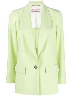 green virgin wool blend two side flap pockets front button fastening peak lapels long sleeves straight hem Semi-formal Green Blazer With Double Button Closure, Green Notch Lapel Blazer For Work, Green Blazer With Hidden Buttons For Office, Green Office Blazer With Hidden Button Closure, Formal Green Blazer With Pockets, Green Formal Blazer With Pockets, Elegant Green Business Blazer, Elegant Green Blazer For Business, Tailored Green Outerwear With Double Button Closure