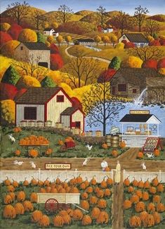 a painting of a farm with pumpkins in the foreground and houses on the other side