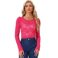 Add some romance to your look with this sheer lace top. The slightly stretchy fabric creates a breezy, textural base for this lace top, which is accented with long sleeves for a feminine dimension. A cami top should be worn, which is not included in this garment. This sheer top has a feminine design of floral lace and long puff sleeves. A semi-sheer top features an allover floral lace design, a round neck, and long sleeves. Great for simple but trendy pants or skirts. Feminine Lace Patchwork Stretch Top, Feminine Stretch Lace Patchwork Top, Fitted Pink Top With Delicate Lace, Fitted Pink Delicate Lace Top, Pink Fitted Lace Blouse, Feminine Pink Lace Top With Lace Sleeves, Pink Lace Fitted Blouse, Fitted Lace Pink Blouse, Stretch Lace Top With Lace Collar