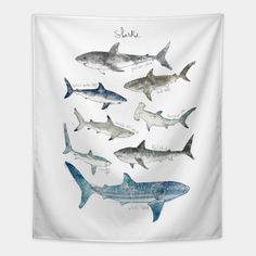 an image of sharks in watercolor on a white background wall hanging art print tapestry