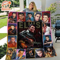 a woman is holding up a blanket that has photos of elvis presley and his name on it