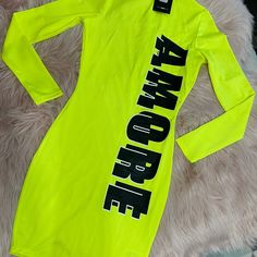 I Do Want To Mention Is A Little See Thru U Can Always Wear Something On The Bottom Or To A Neon Party Lol Great Material Love It Long Sleeve Mini Dress Mock Neck "Amore" Verbiage Back Zipper Closure Stretch 85% Polyester 15% Spandex Made In Usa