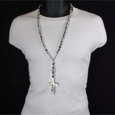 Rosary Length: 32" Circumference Cross Pendant Measurements: 3 Inches Ball Charm To Cross Measurement: 6 Inches Silver Plated With Gray Rhodium Crystals Rosary Necklace, Fashion Jewelry Sets, Discount Jewelry, Hypoallergenic Jewelry, Mens Accessories Jewelry, Mens Pendant, Cross Jewelry, Gold Crystal, Men's Necklace