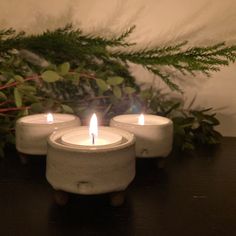 three white candles sitting on top of a wooden table next to green plants and greenery