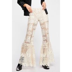 With A Bohemian Vibe, These High Rise Guipure Lace Pants Feature A Ruffled Flare Leg, A Sheer Design, Elastic Waist And Shorts Lining. Made In The Usa. Measurements Waist Flat Across: 13.5 In Rise: 9.5 In Inseam: 32 In No Flaws. Never Worn. Excellent Condition. Cottage, Cottage Core, Lace, Crochet, Fairy, Gypsy, Boho, Beachy, Prairie Elegant Bottoms For Summer Festival, Elegant Summer Festival Bottoms, Flared Wide Leg Pants For Festivals, Fitted Flare Bohemian Wide Leg Pants, Bohemian Fitted Wide Leg Spring Pants, White Full-length Bohemian Bottoms, Bohemian White High Waist Wide Leg Pants, Bohemian Style High Waist White Wide Leg Pants, White Bohemian Full Length Bottoms