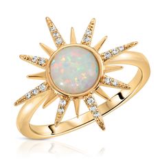 14k gold plated brass gorgeous lab created white opal gemstone bezel set inside a starburst with cz stones. Questions about Shipping & Returns? Starburst Bracelet, Elizabeth Stone, Starburst Ring, Other Worldly, Gemstone Jewellery Design, Opal Birthstone, Opal Ring Gold, Magical Jewelry, Opal Ring