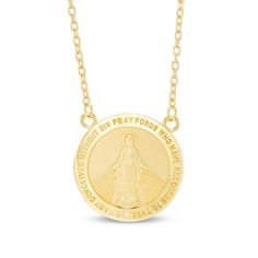 Celebrate her faith with this gleaming Virgin Mary medallion necklace. Fashioned in warm 10K gold, this thoughtful style showcases a traditional miraculous medal design gleaming with the profound "O Mary conceived without sin pray for us who have recourse to thee." On the back, the symbolic details are certain to be appreciated. Polished to a bright shine, this look suspends centered along a 17.0-inch cable chain that secures with a spring-ring clasp. Medal Design, Zales Zales, Necklace Clasps, Mothers Necklace, Pray For Us, Medallion Necklace, Miraculous Medal, Chain Ring, Virgin Mary