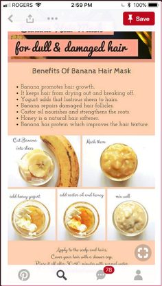 Hair mask with banana Hair Mask With Banana, Natural Hair Softener, Banana Hair Mask, Hair Mask Recipe, Homemade Hair Treatments, Homemade Hair Mask, Banana Benefits, Hair Mask For Damaged Hair, Hair Mask For Growth