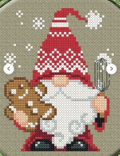 a cross stitch pattern with a gnome holding a baseball mitt and a whisk