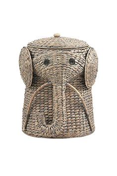 an elephant shaped wicker basket with two ears on the front and one eye open