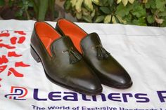 Crafted Leather Green Leather Tassel Loafers Dress Shoes on Storenvy Formal Loafers With Tassels And Closed Toe, Formal Tasseled Closed Toe Loafers, Formal Tasseled Closed-toe Loafers, Formal Leather Dress Shoes With Tassels, Party Leather Tassel Loafers With Round Toe, Leather Tassel Loafers With Round Toe For Party, Leather Dress Shoes With Tassels And Round Toe, Leather Dress Shoes With Tassels For Business, Formal Tassel Slip-on Moccasins