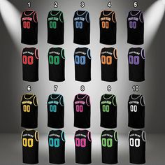 an image of basketball uniforms with numbers on them