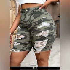 Brand New, Washed Once, Too Small ( I Put Weight On ) , Only Sits In The Closet. Casual Ripped Camouflage Bottoms, Trendy Camouflage Cotton Shorts, High Waist Camouflage Cotton Shorts, Denim Style Casual, Women's Plus Size Jeans, Ripped Shorts, Denim Style, Workout Pants, Denim Fashion