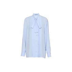 Prada crepe de chine blouse with Savoia logo and pleated bib High neckline; button front Long sleeves; button cuffs Straight fit Silk Dry clean Made in Italy Designer Blue Formal Blouse, Designer Office Tops, Elegant Tie Neck Top With Button Closure, Elegant Tie Neck Tops With Button Closure, Designer Silk Tops For Daywear, Luxury Workwear Blouse With Concealed Placket, Designer Collared Office Blouse, Designer Collar Blouse For Work, Luxury Blouse With Concealed Placket For Work