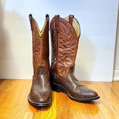 "Vintage Men's Mason Cowboy Boots size 9.5 B. Please check the measurements with your shoes! They measure about 14\" tall from the floor to the tops, 11.75\" from heel to toe with the toe AGAINST a flat surface (11 1/8\" heel to toe on the bottom of the boot) and 4\"\" wide at the ball of the foot on the bottom of the sole. They are in great condition with very light wear. Add these wonderful boots to your collection today! Visit our FAQ section: https://www.etsy.com/shop/KayZees?ref=hdr_shop_menu#more-section If you have any questions please don't hesitate to ask!" Goodyear Welted Moc Toe Boots For Rodeo, Goodyear Welted Moc Toe Boots For Ranch, Leather Waterproof Moc Toe Boots For Rodeo, Western Steel Toe Moc Toe Boots, Fitted Brown Waterproof Boots With Round Toe, Leather Sole Moto Boots For Rodeo, Western Boots With Goodyear Welt Construction And Round Toe, Western Work Boots With Goodyear Welted Round Toe, Western Work Boots With Goodyear Welt And Round Toe