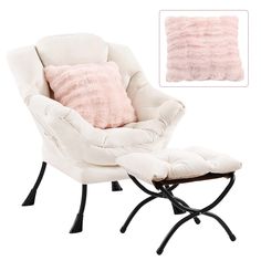 a white chair with a pink pillow sitting on it's back next to a footstool