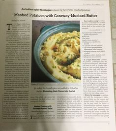 an article about mashed potatoes with caraway - mustard butter is featured in the paper