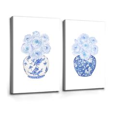 two blue and white vases with flowers in them on a white background canvas wall art print