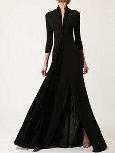 Elegant V Neck 3/4 Sleeve Floor-length Flowy Dress Sukienki Maksi, Couture Dior, Ralph Rucci, Long Black Dress, Moda Vintage, 가을 패션, Gorgeous Gowns, Tea Length, Mode Inspiration