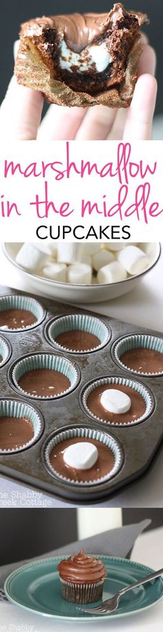 there are cupcakes and marshmallows in the muffin tins